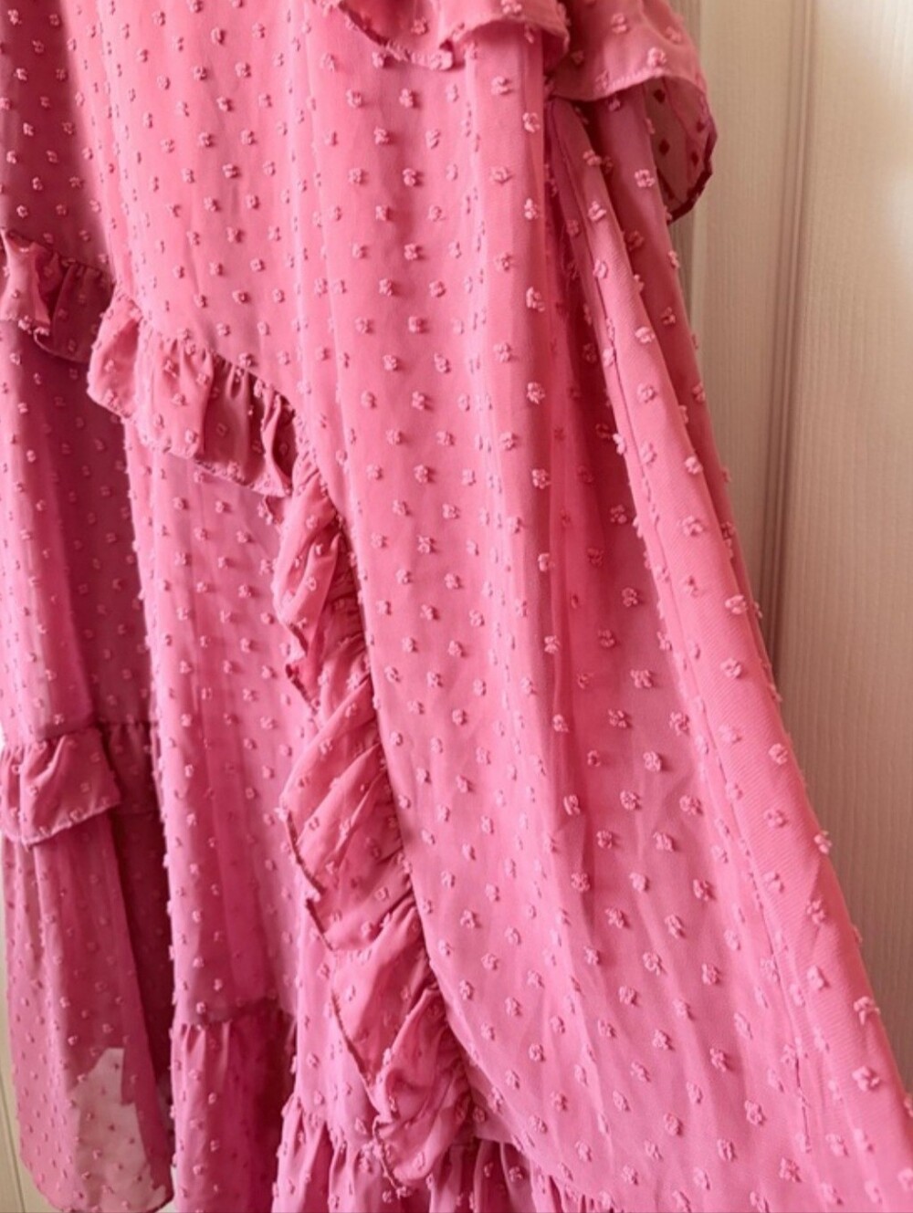 Lulus Rusty Rose Swiss Dot Ruffle Midi Dress Medium - Picture 8 of 11